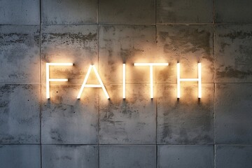 Bright lights illuminate the word faith on a solid concrete wall