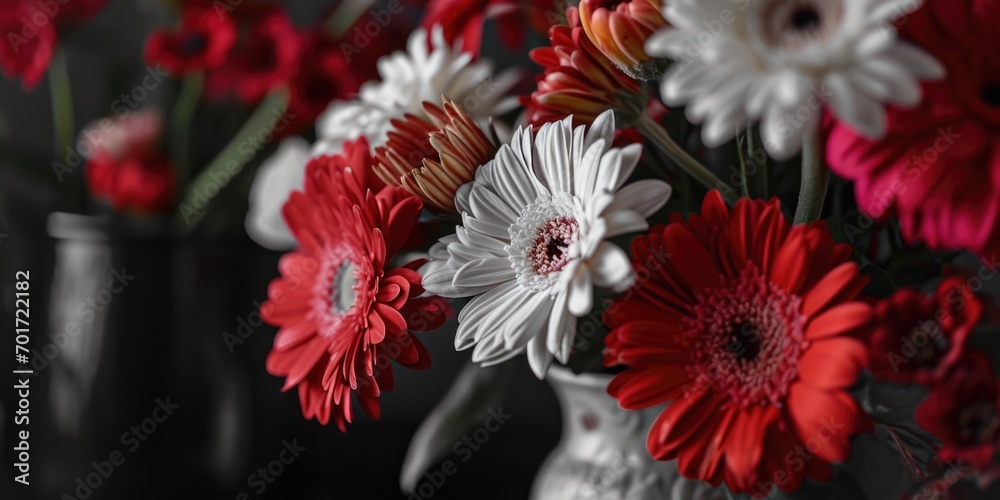 Poster a beautiful arrangement of red and white flowers in a vase. perfect for adding a touch of elegance t