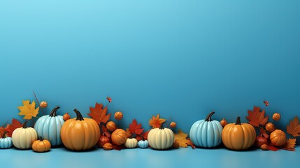 Naklejka na ściany i meble Beautiful view of 3D style pumpkins and autumn fruits on top of Blue background