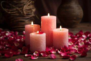 Obraz na płótnie Canvas Candles and Rose Petals for Valentine's Intimate and romantic background with lit candles and rose petals, creating a serene Valentine's Day atmosphere. Generative AI,