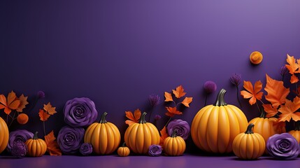 Beautiful view of 3D style pumpkins and autumn fruits on top of Purple background