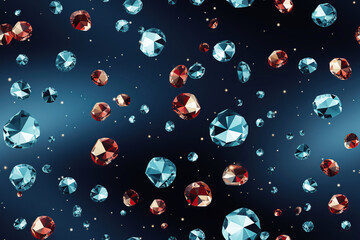 seamless pattern with red gemstones diamonds on blue background