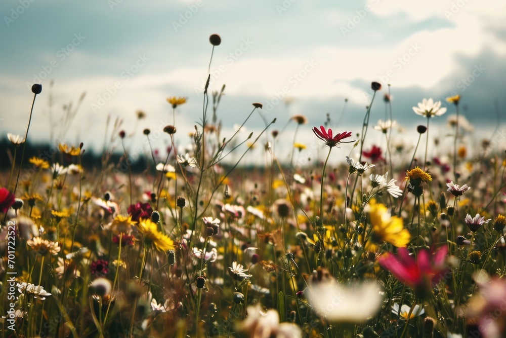 Aufkleber a beautiful field of wildflowers with a clear blue sky in the background. perfect for adding a touch