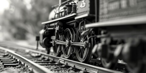 A black and white photo capturing a train on the tracks. Suitable for various uses