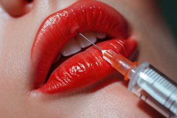 A close-up image of a person with a syringe in their mouth. This picture can be used to depict drug addiction or substance abuse - obrazy, fototapety, plakaty