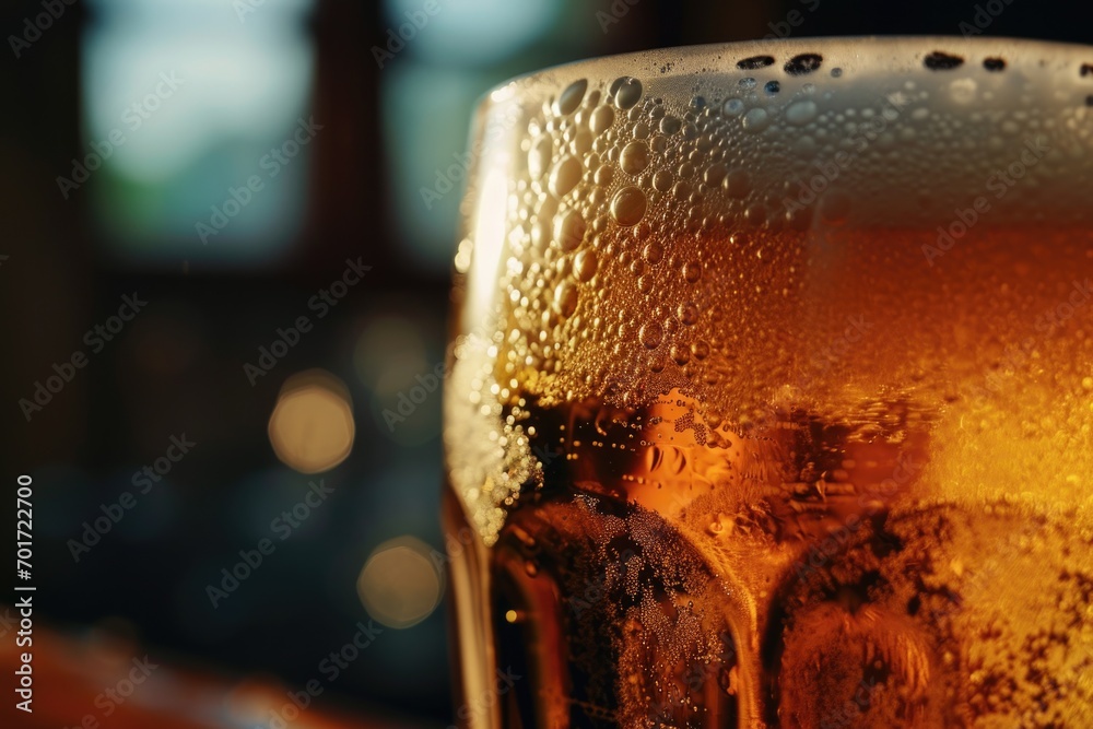 Poster A close-up view of a glass of beer. This image can be used to depict a refreshing drink or to add a touch of relaxation to various projects
