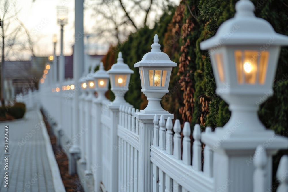 Poster a picture of a white fence adorned with lights. perfect for adding a touch of charm and ambiance to 