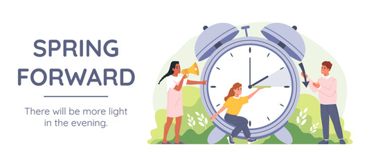 Spring forward banner. People change hands of the clock forward an hour during the dst period. Summer time concept. - obrazy, fototapety, plakaty