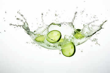 Cucumber Slices Dropping into Gin and Tonic Thin cucumber slices elegantly falling into a gin and tonic cocktail, splashing on a white, modern background . Generative AI,