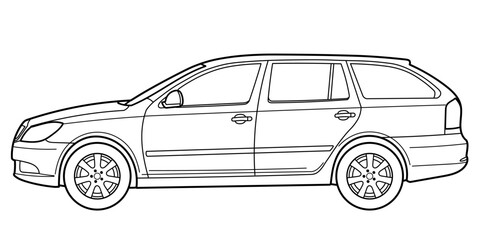 Classic station wagon class sedan car. 5 door car on white background. Side view shot. Outline doodle vector illustration	