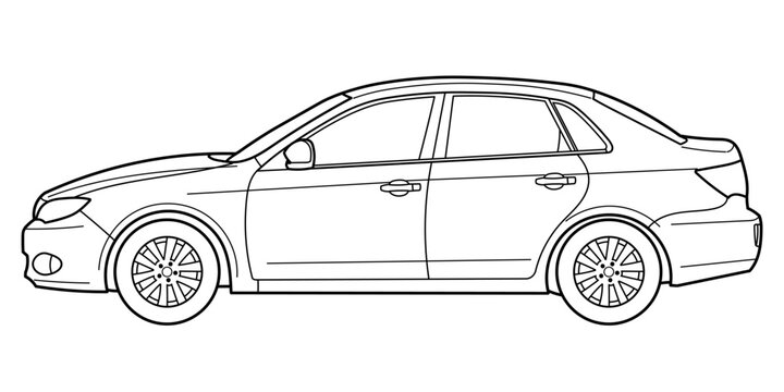 Classic sport luxary class sedan car. 4 door car on white background. Side view shot. Outline doodle vector illustration	
