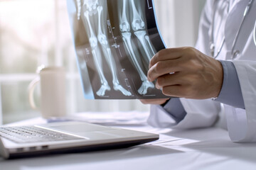 Close up hands of an orthopedic surgeon young doctor examining patient's knee joint x-ray films in modern hospital. Hospital concept of health and treatment. - Powered by Adobe