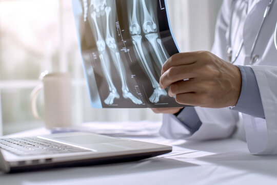 Close Up Hands Of An Orthopedic Surgeon Young Doctor Examining Patient's Knee Joint X-ray Films In Modern Hospital. Hospital Concept Of Health And Treatment.