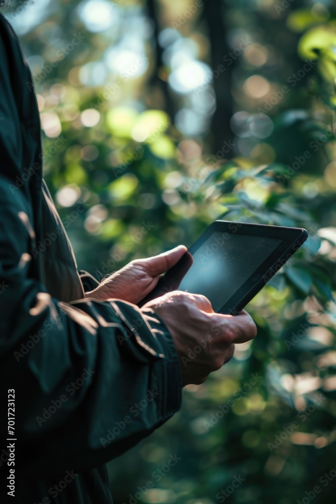 Aufkleber A man holding a tablet computer in his hands. Suitable for technology and business-related projects