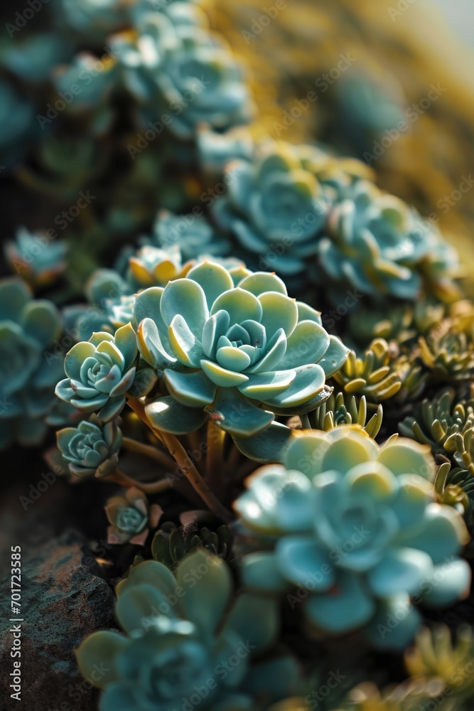 Poster A close-up view of a bunch of flowers placed on a rock. Perfect for adding a touch of nature and beauty to your designs