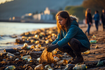 Young girl helping to clean up rubbish by picking up discarded plastic waste and trash from a beach - obrazy, fototapety, plakaty