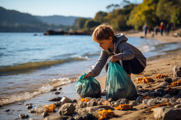 Young boy helping to clean up rubbish by picking up discarded plastic waste and trash from a beach