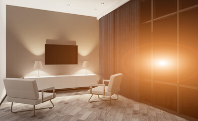 Open space office interior with like conference room. Mockup. 3D rendering.. Sunset.
