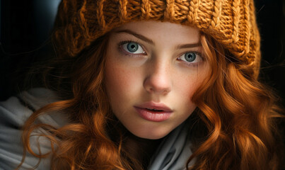 Close-Up of a Woman with Captivating Blue Eyes, Framed by Golden Curly Hair and a Cozy Knit Scarf