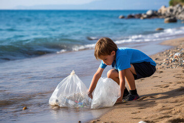 Young boy helping to clean up rubbish by picking up discarded plastic waste and trash from a beach
