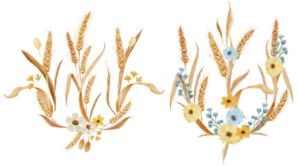 Watercolor floral trident with blue-yellow wildflowers. Ukrainian decorative style.