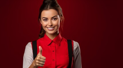 A beautiful waitress with a butterfly on her neck is pointing something to the right and gesturing okay on a red background.