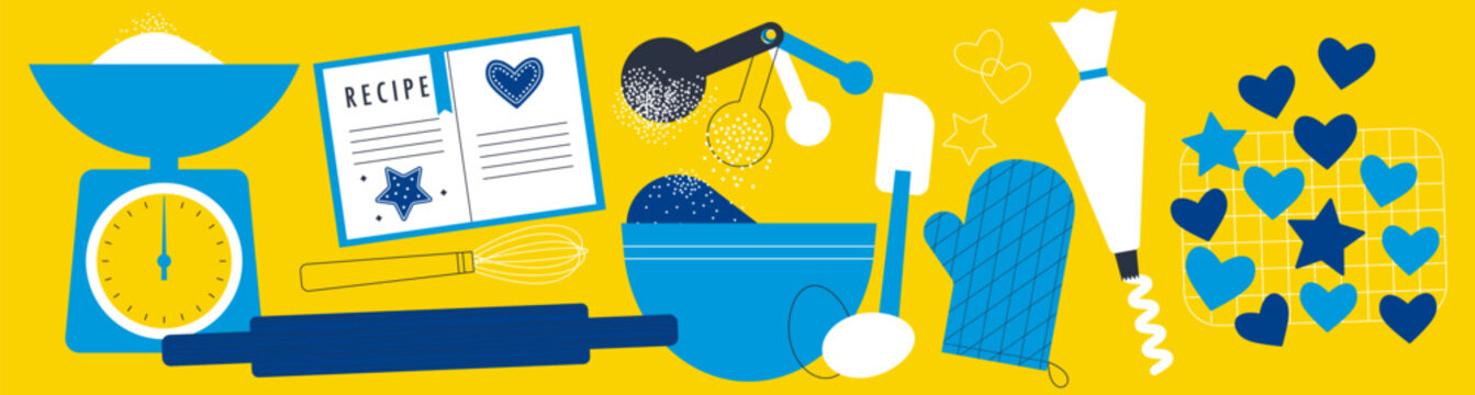 Cooking recipe. Kitchen utensils and ingredients. Kitchenware for cooking and baking. Flat vector illustration of a bakery, cookies, dough, buns, cakes. Abstract vintage style. Scandinavian design.