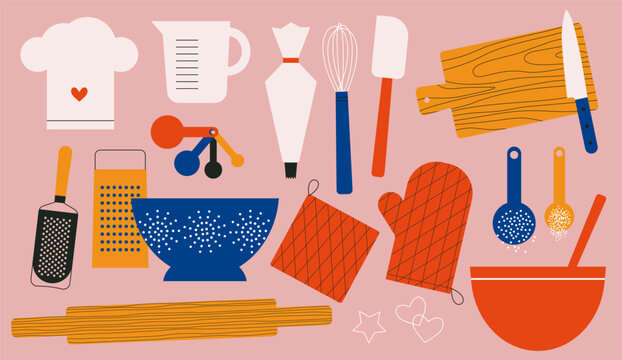 Kitchenware icon set. Kitchen utensils icons. Cooking and baking design elements. Flat vector illustration of various cutlery, tools for prepare a pasta. Abstract vintage style. Scandinavian design.