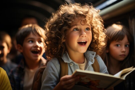 Children express excitement while reading on the school bus, book photography