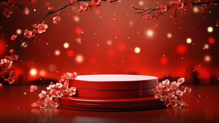 Luxury Red Podium with Sakura branches of blossoming against blurred lighting background. Design for Chinese New Year festival celebration, advertising or product presentation. Generative AI