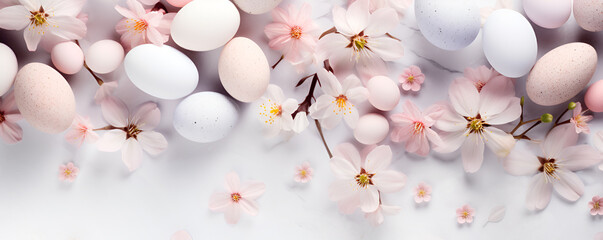 Top view photo of pastel colors easter holiday banner with eggs and sping flowers on white background  - Powered by Adobe