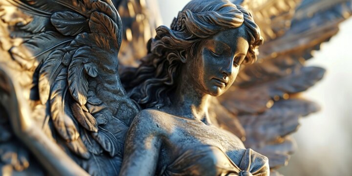 A detailed close-up view of a statue depicting an angel. Perfect for religious or spiritual themes