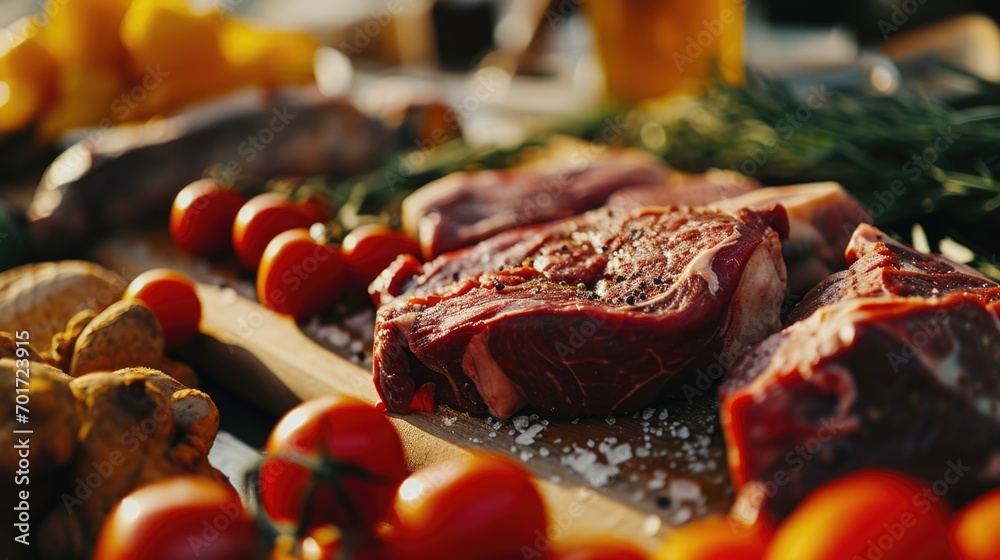 Poster A table displaying a wide array of different types of meat. Perfect for food-related projects and culinary themes