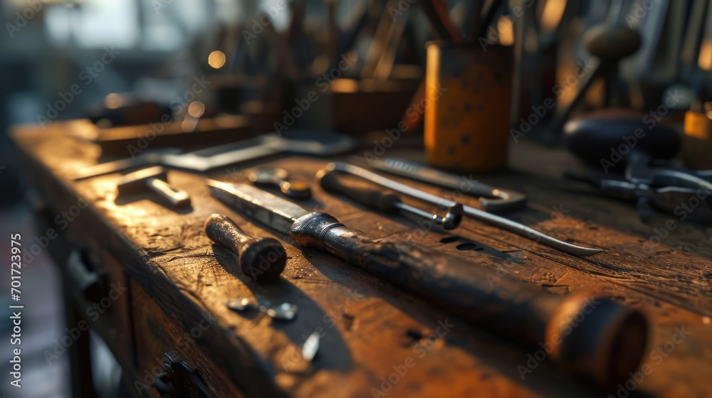 Poster a collection of tools neatly arranged on a wooden table. perfect for diy projects and home repairs