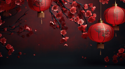 Happy chinese new year 2024. Sakura branches of blossoming against with a chinese lanterns of blurred background. Religion and culture of Chinese festival celebration traditional . Generative AI - obrazy, fototapety, plakaty