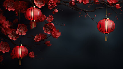 Happy chinese new year 2024. Sakura branches of blossoming against with a chinese lanterns of blurred background. Religion and culture of Chinese festival celebration traditional . Generative AI