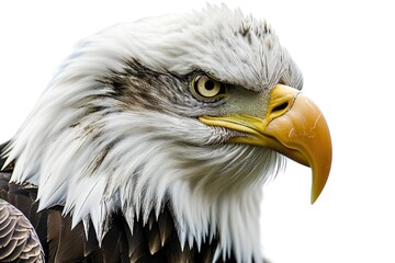 Obraz premium A close-up view of an eagle's head on a white background. Perfect for wildlife enthusiasts and nature-themed designs