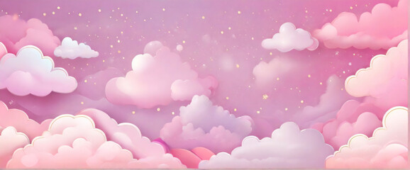 Rainbow unicorn pastel background with glitter stars. Pink cloudy fantasy sky. Cute holographic space. Fairy iridescent gradient backdrop. Vector