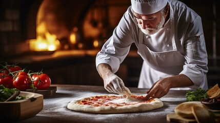 A chef baking pizza in a white uniform is making it in the kitchen.