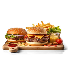 Front view, board with hamburger, soda and french fries, studio photography, white background, 
