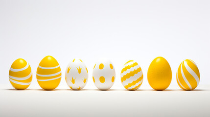 Sleek and minimalist collection of yellow Easter eggs, white backdrop