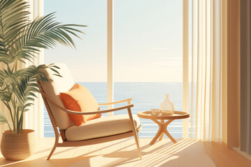 Fototapeta na wymiar Modern Luxury Hotel Interior Design: Serene Beachside Retreat with Breathtaking Ocean View