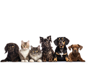 A group of cats and dogs sit in a row on a white background. Poster mockup for a veterinary clinic or pet store.