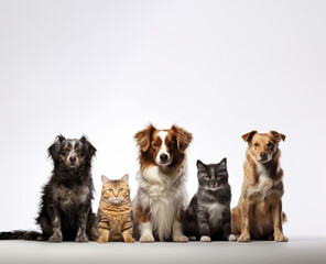 A group of small dogs and cats sit in a row on a white background. Poster mockup for a veterinary clinic or pet store.