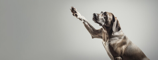 Greyhound Dog with raised paw on a gray background. Free space for product placement or advertising...