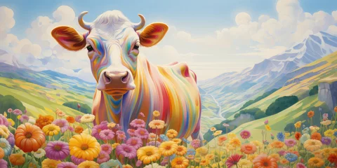 Tuinposter Psychedelic colorful cow on floral spring meadows with mountains in the background. © OleksandrZastrozhnov