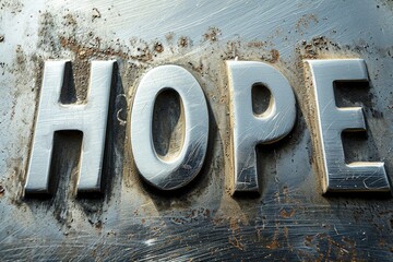 Hope is elegantly presented on a background wallpaper featuring brushed aluminum or steel