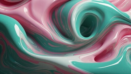 Artistic abstract with island green and pink liquid swirling elegantly, showcasing a serene and smooth texture.