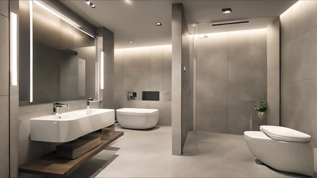 Contemporary bathroom design featuring dual sinks, wall-mounted toilet, and walk-in shower with ambient lighting