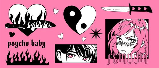Tattoo Y2k style stickers. Anime girls, fire flames, heart and other elements in trendy 1990s, 2000s style. Vector hand drawn print in black and pink colors.